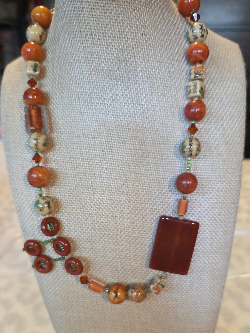 Vintage Artisan Asymmetrical Carnelian & Terracotta Beaded Statement Necklace